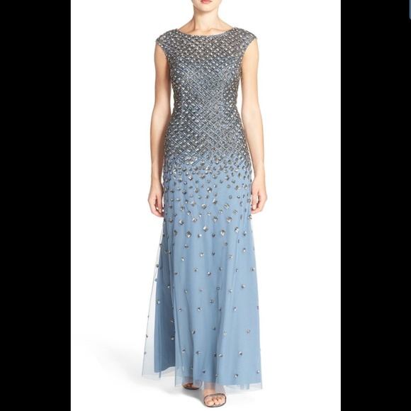 NWT Adrianna Papell‎ Embellished Mesh Mermaid Gown Dusty Blue Grey [SZ 8 ]